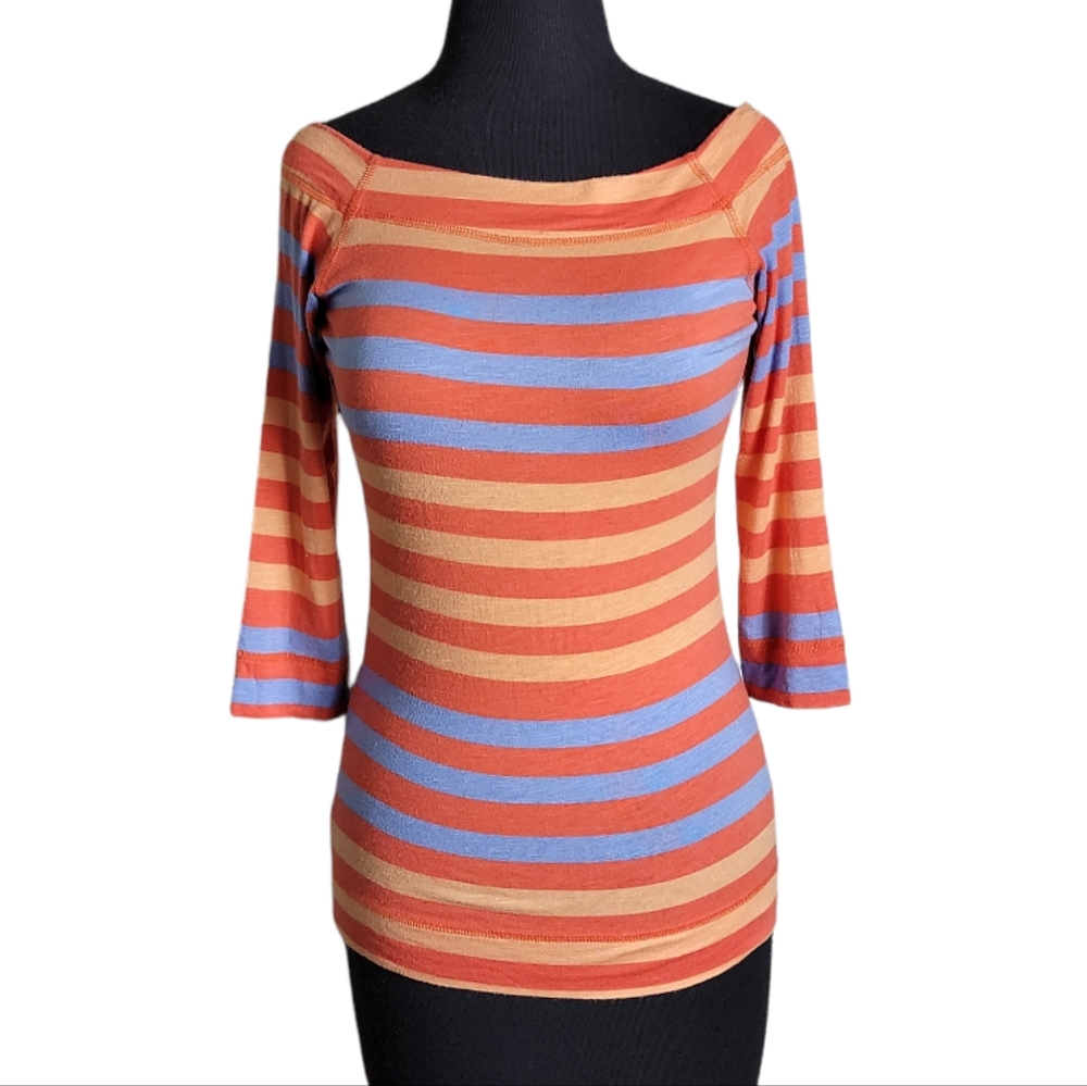 Stem striped boatneck 3/4 raglan sleeve top orange peach blue women's small